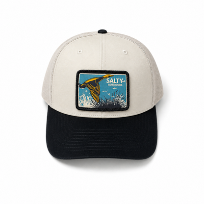 SALTYmf Woven Duck Patch Trucker in Khaki and Black two-tone colorway, Richardson 112 mesh-back trucker with woven duck patch front