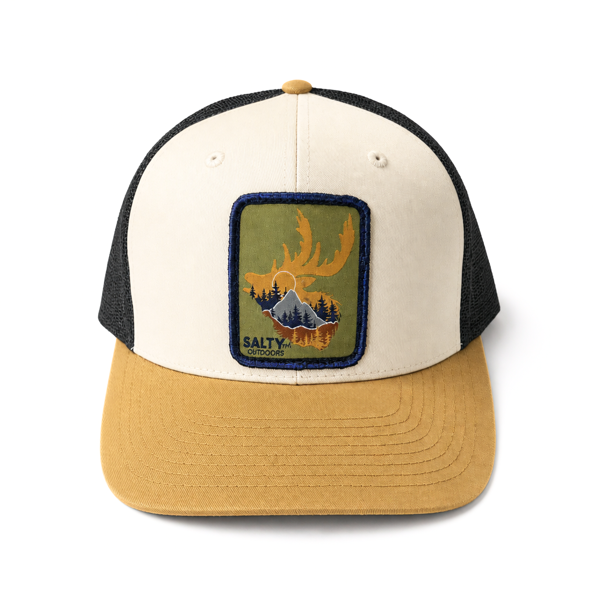 SALTYmf Elk Patch Trucker in Cream, Navy, and Amber colorway, Richardson 112 mesh-back trucker with woven elk patch front