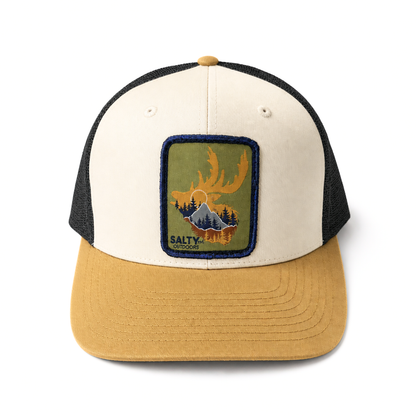 SALTYmf Elk Patch Trucker in Cream, Navy, and Amber colorway, Richardson 112 mesh-back trucker with woven elk patch front