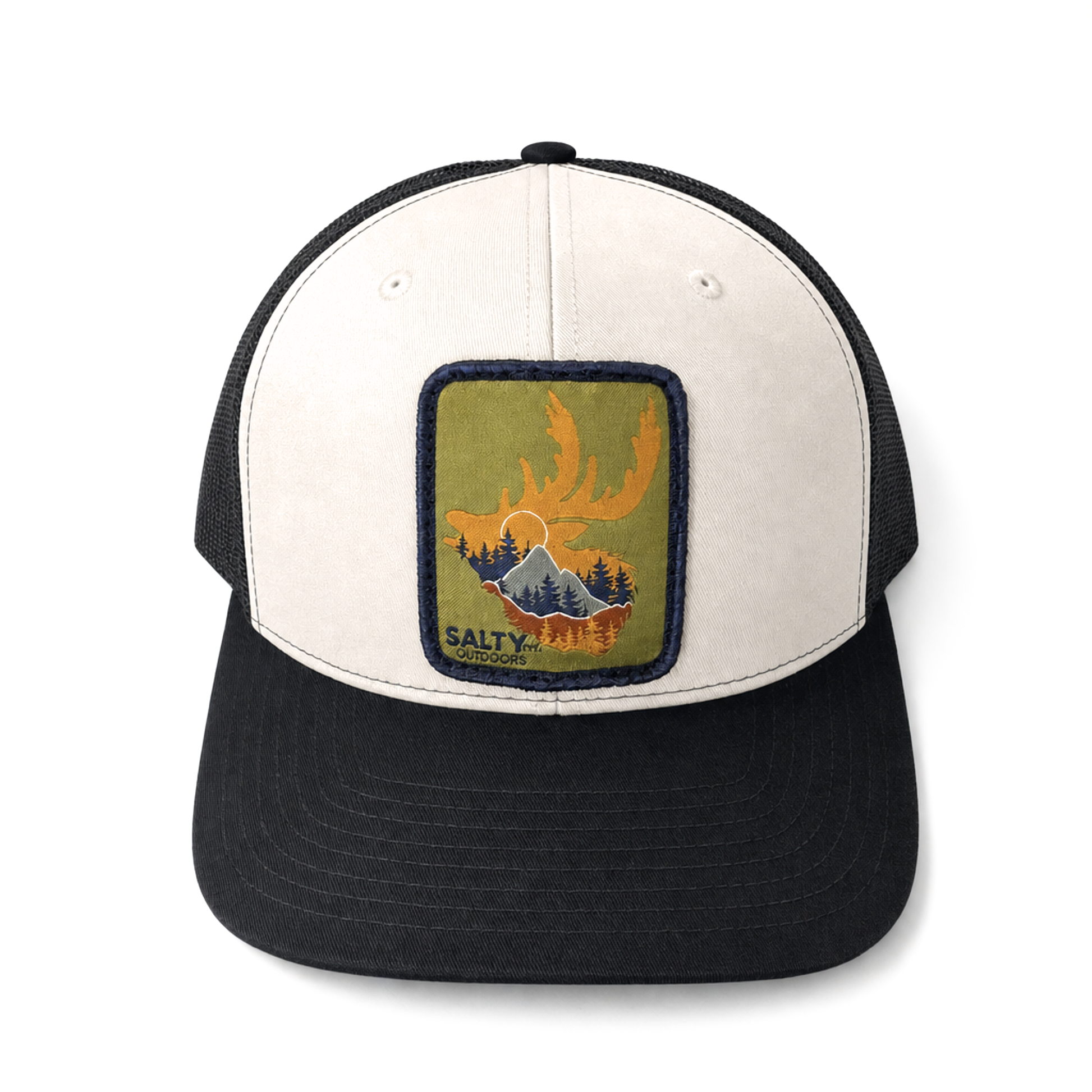 SALTYmf Elk Patch Trucker in White and Navy colorway, Richardson 112 mesh-back trucker with woven elk patch front