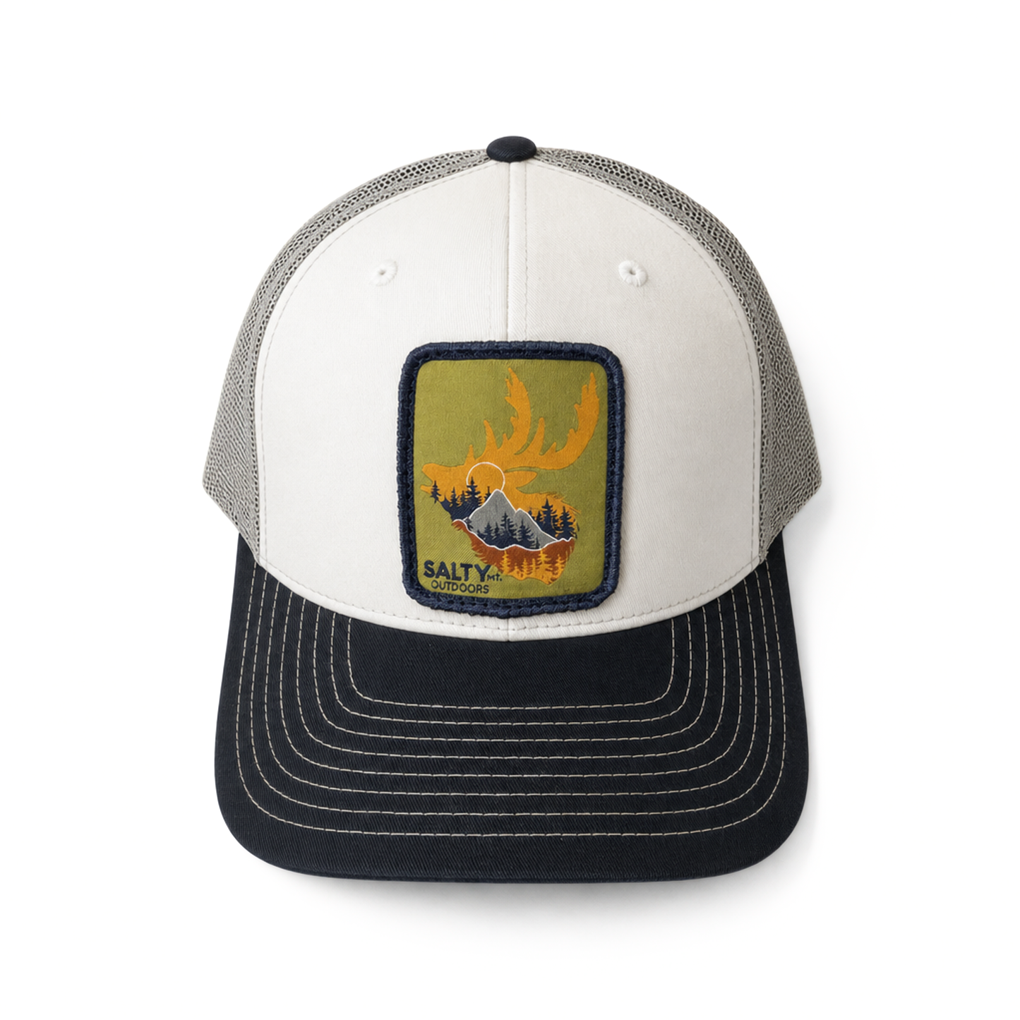 SALTYmf Elk Patch Trucker in Aluminum, White, and Navy colorway, Richardson 112 mesh-back trucker with woven elk patch front
