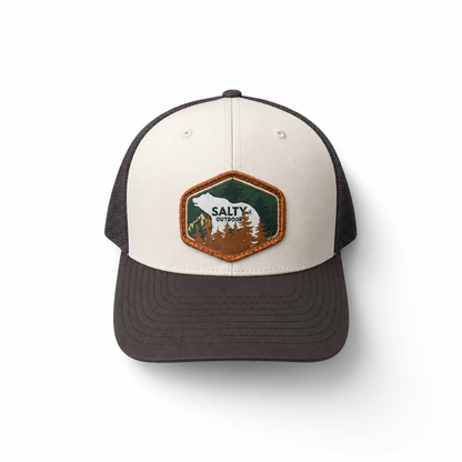 SALTYmf Bear Patch Trucker in Cream and Coffee colorway, Richardson 112 mesh-back trucker with woven bear patch front