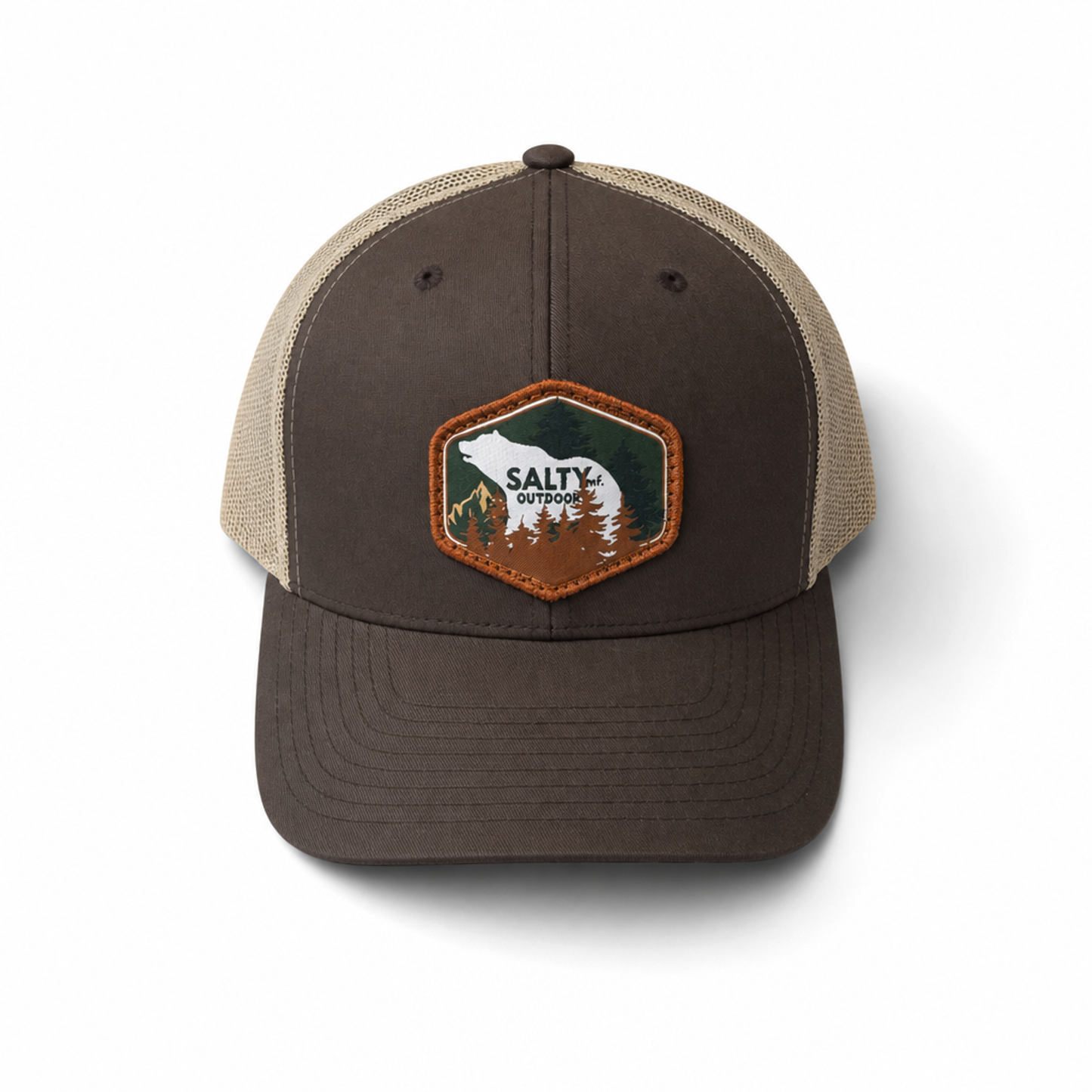 SALTYmf Bear Patch Trucker in Brown and Dark Khaki colorway, Richardson 112 mesh-back trucker with woven bear patch front