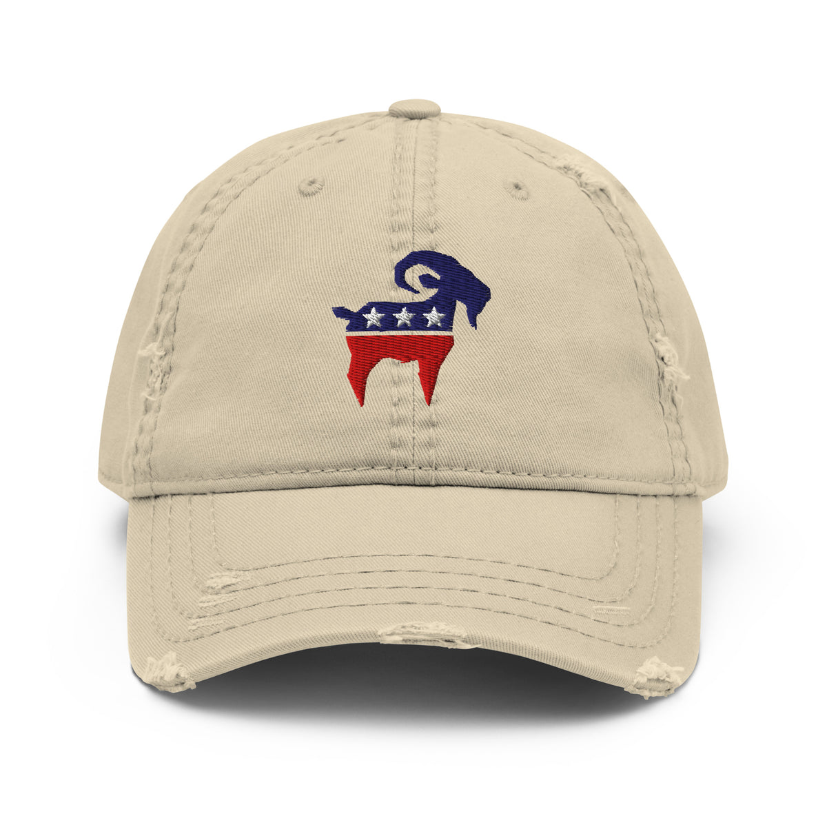 American Party Distressed Cap Khaki colorway front view, SALTYmf distressed dad hat