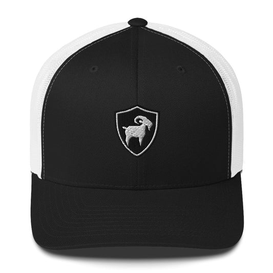 Goat of Arms Retro Trucker Black/White colorway front view, mesh back snapback trucker hat SALTYmf