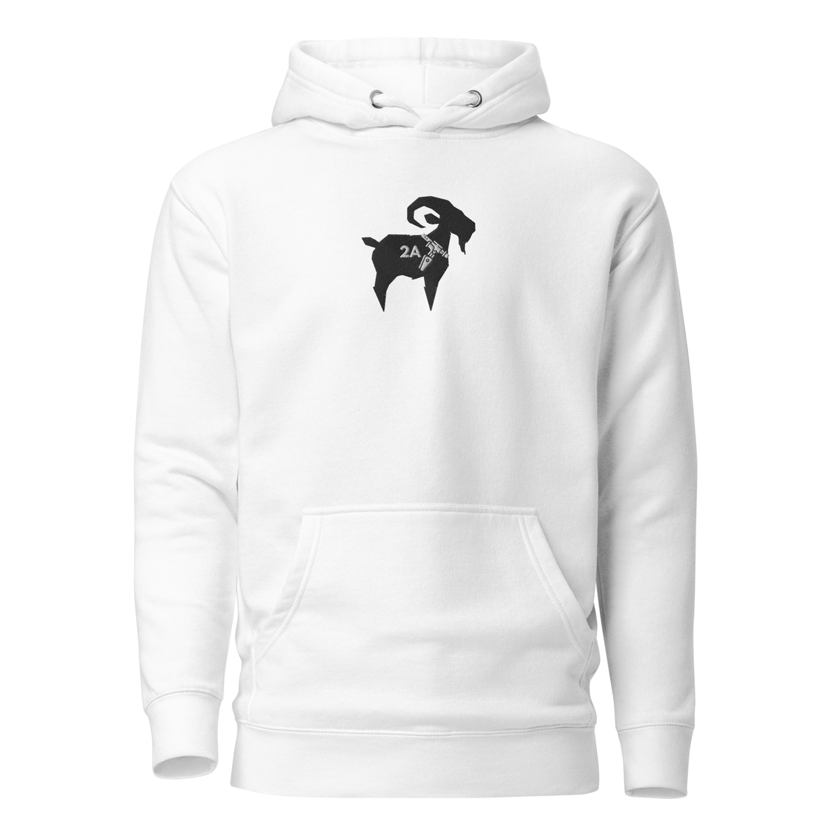 SALTYmf 2A GOAT Embroidered Hoodie (Black Goat) in White, front view with the embroidered black 2A GOAT on the chest