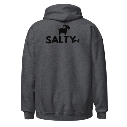 SALTYmf 2A GOAT Warrior Hoodie in Dark Heather, back view with the SALTYmf goat logo across the upper back