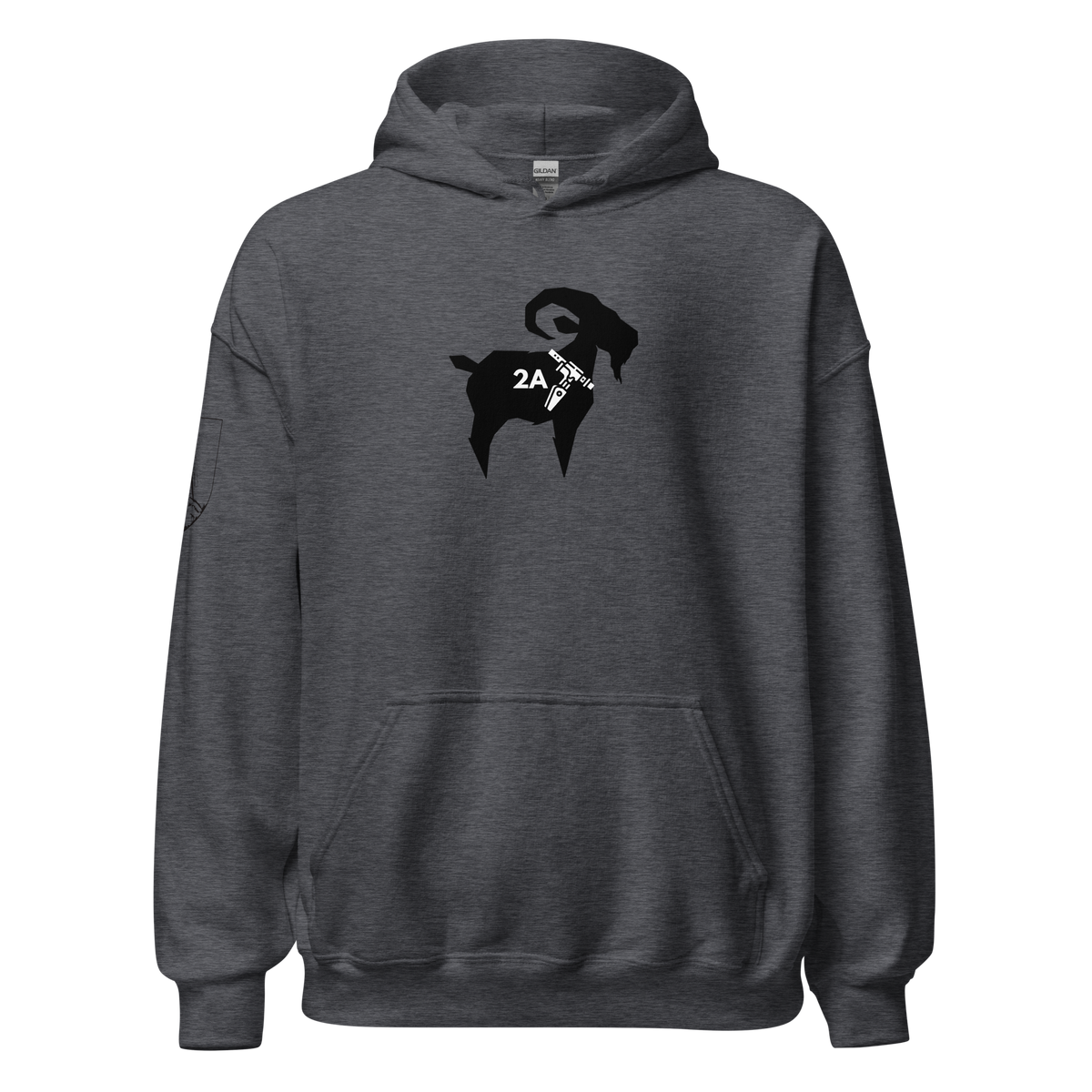 SALTYmf 2A GOAT Warrior Hoodie in Dark Heather, front view with the 2A GOAT graphic on the chest