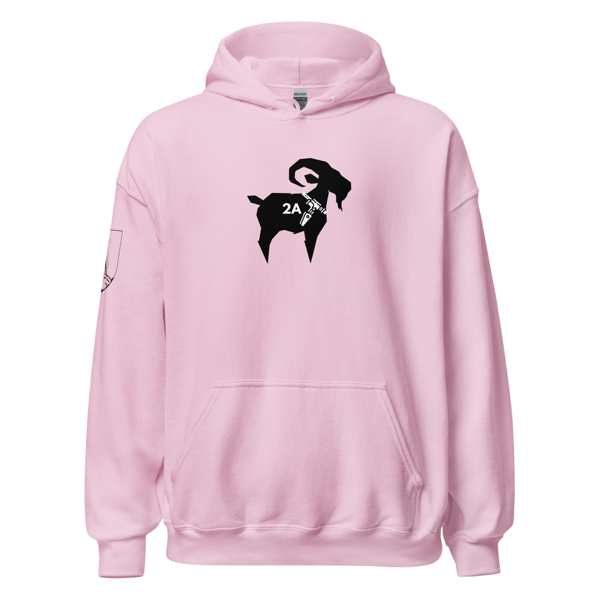 SALTYmf 2A GOAT Warrior Hoodie in Light Pink, front view with the 2A GOAT graphic on the chest