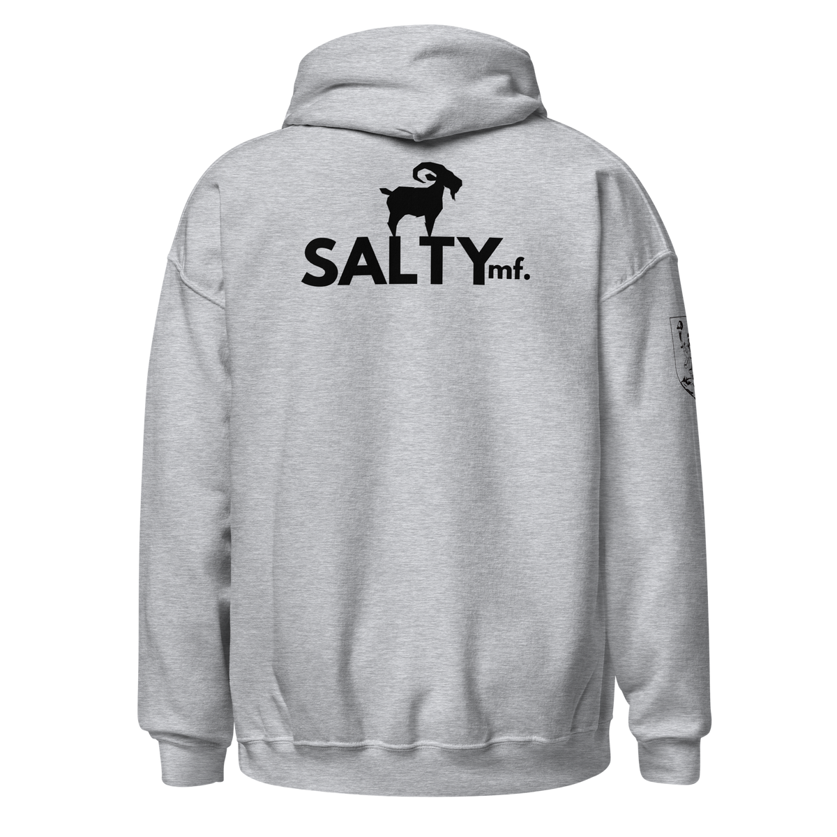 SALTYmf 2A GOAT Warrior Hoodie in Sport Grey, back view with the SALTYmf goat logo across the upper back