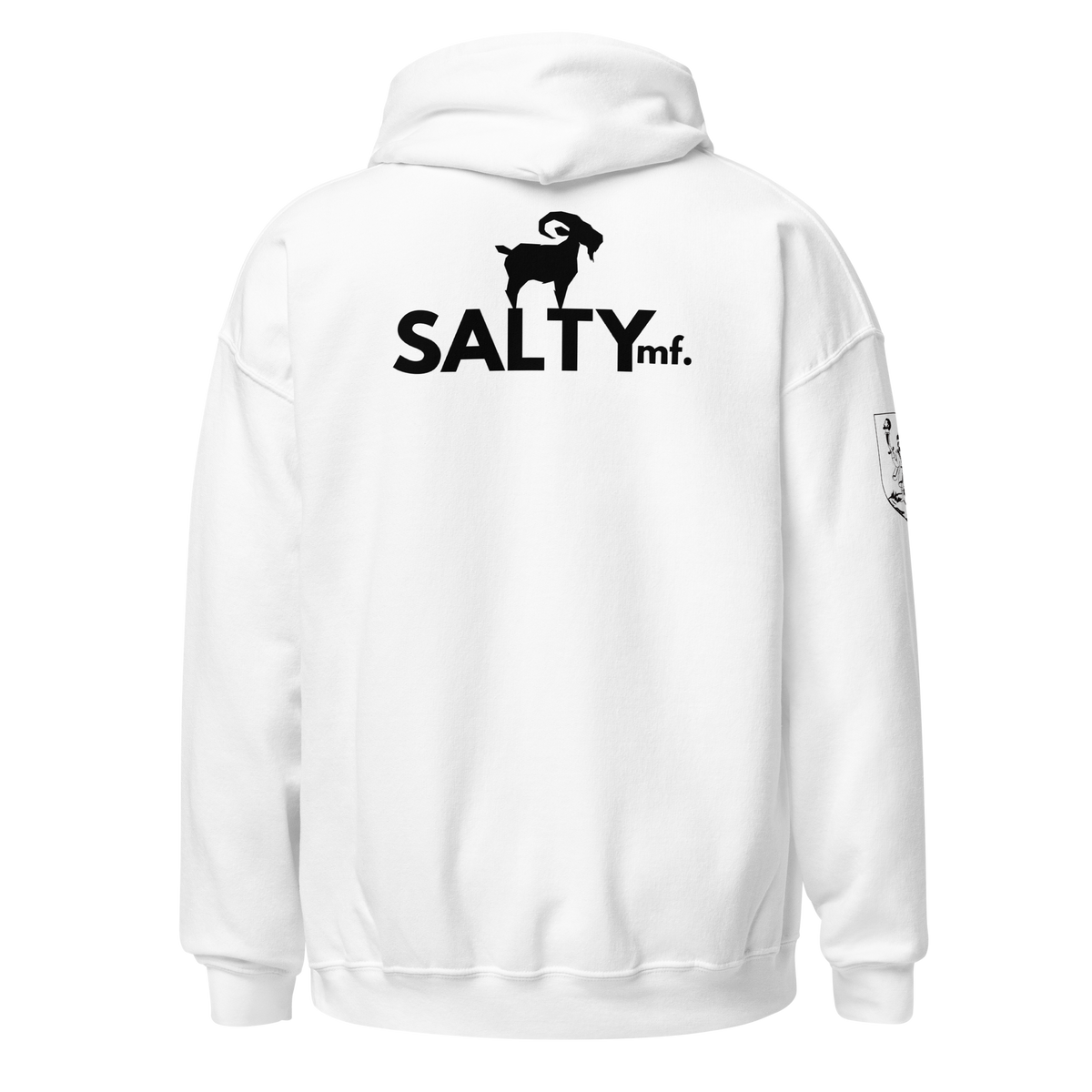 SALTYmf 2A GOAT Warrior Hoodie in White, back view with the SALTYmf goat logo across the upper back