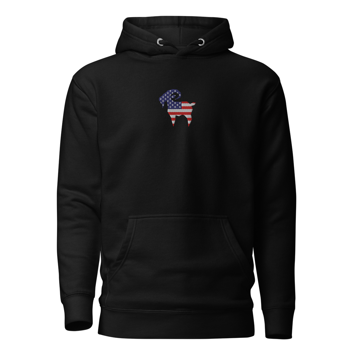 SALTYmf American GOAT Hoodie in Black, front view with the American flag goat on the chest