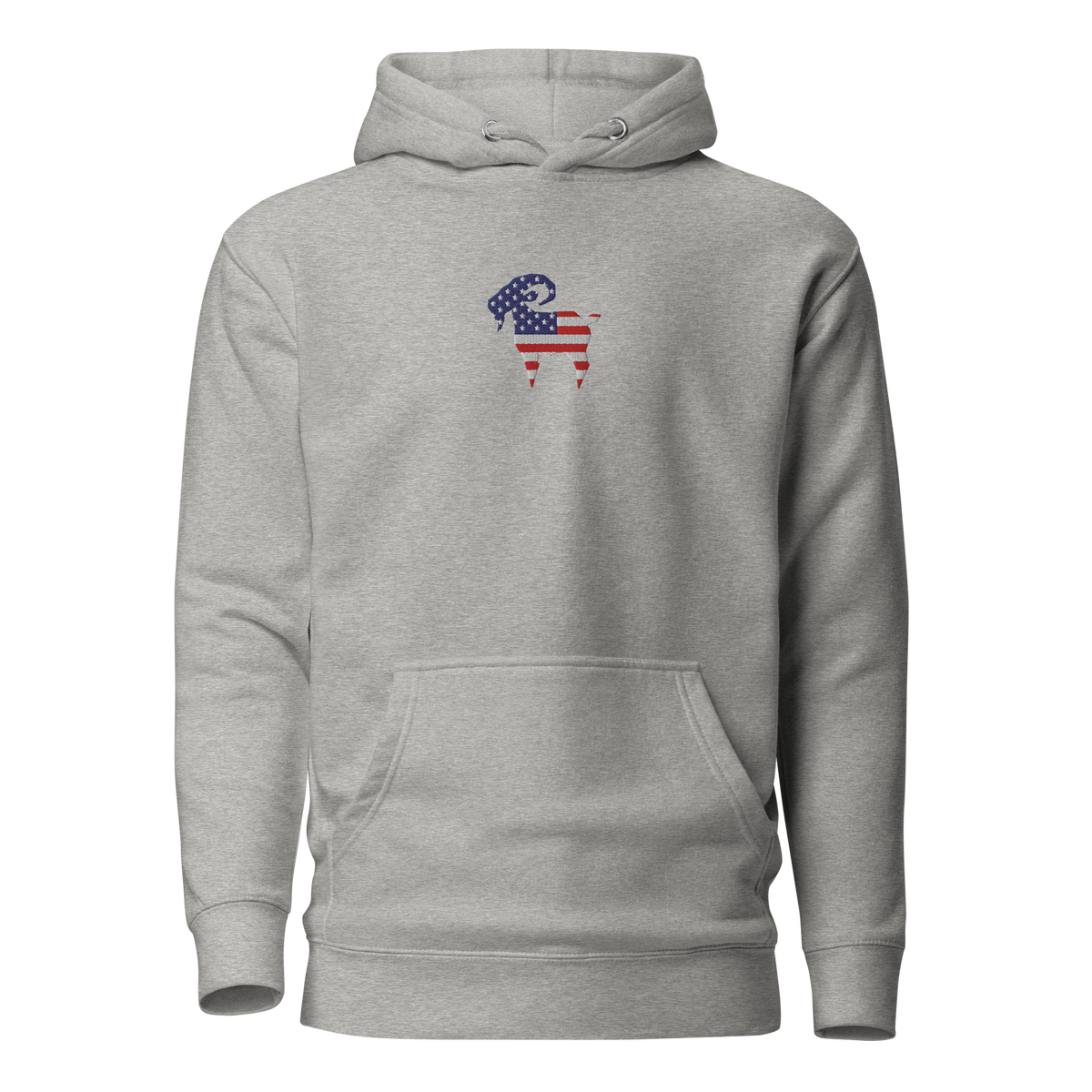 SALTYmf American GOAT Hoodie in Grey, front view with the American flag goat on the chest