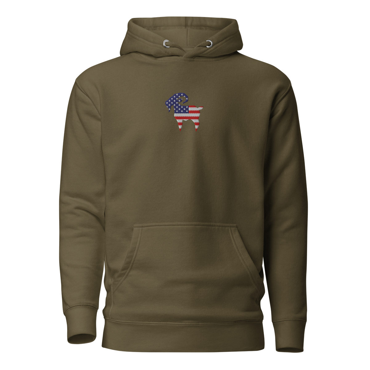 SALTYmf American GOAT Hoodie in Military Green, front view with the American flag goat on the chest