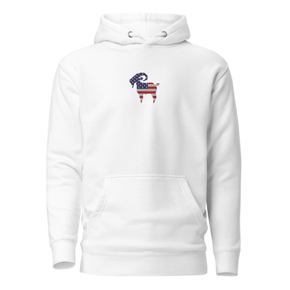 SALTYmf American GOAT Hoodie in White, front view with the American flag goat on the chest