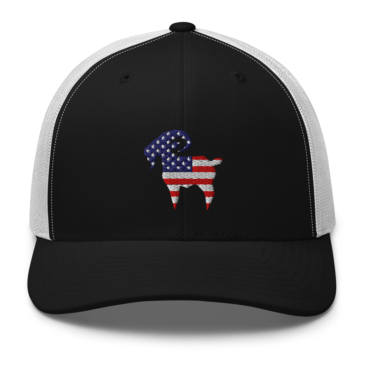 SALTYmf American GOAT Trucker in Black/White, front view with the American flag goat embroidered on the front