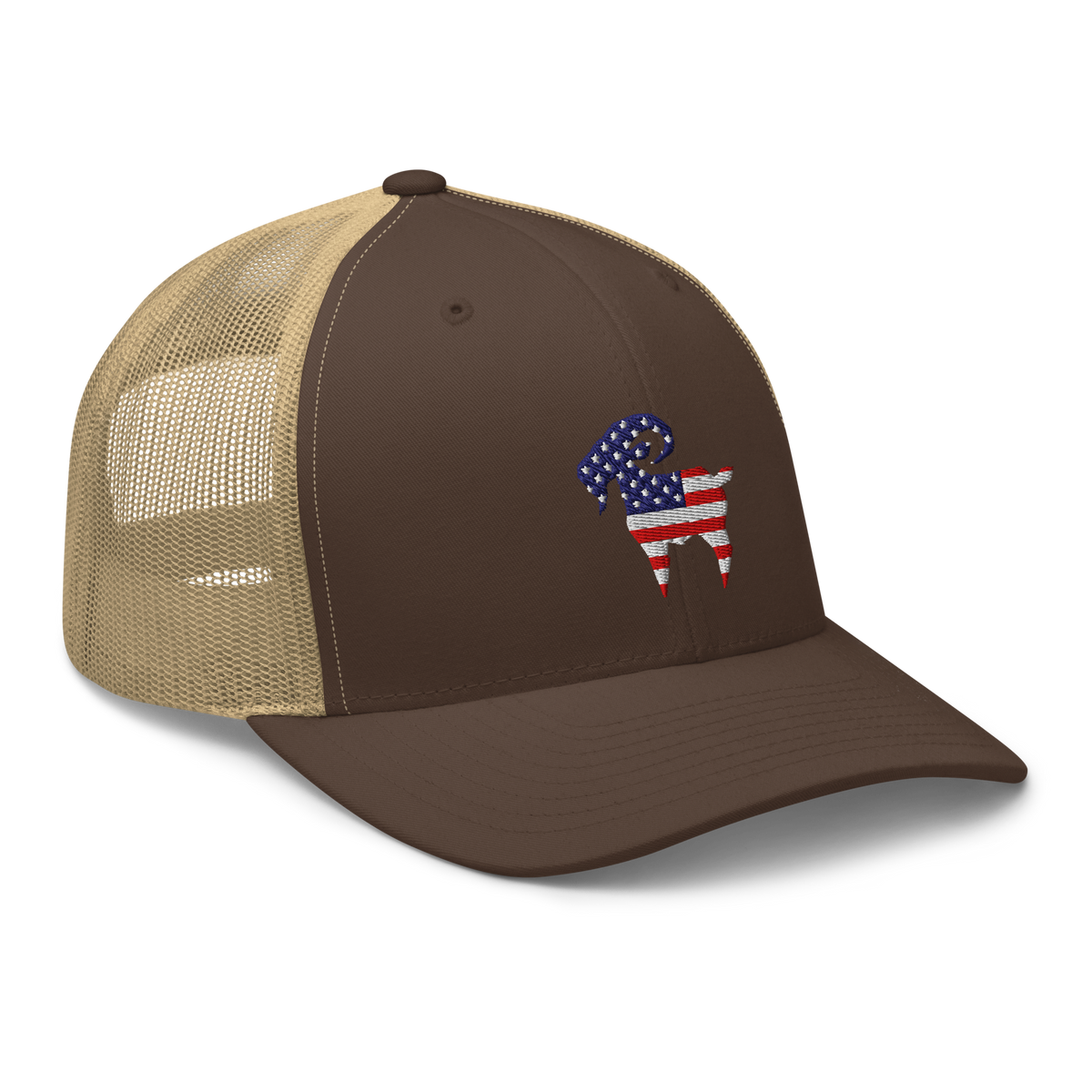 SALTYmf American GOAT Trucker in Brown/Khaki, right front view with the American flag goat embroidered on the front