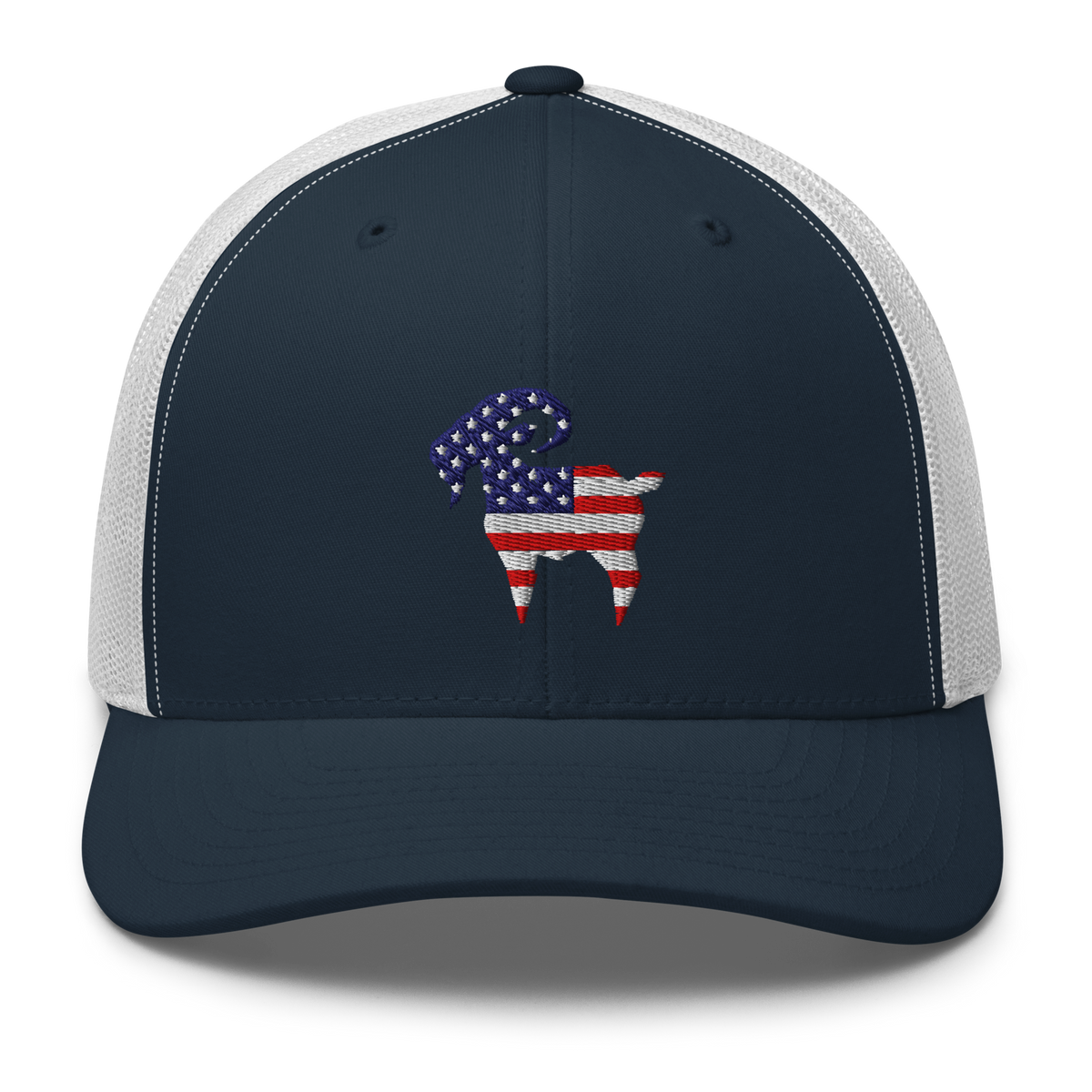 SALTYmf American GOAT Trucker in Navy/White, front view with the American flag goat embroidered on the front