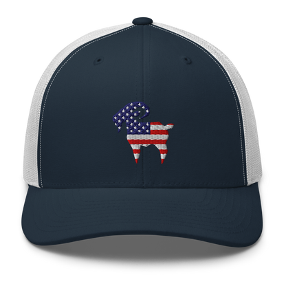 SALTYmf American GOAT Trucker in Navy/White, front view with the American flag goat embroidered on the front