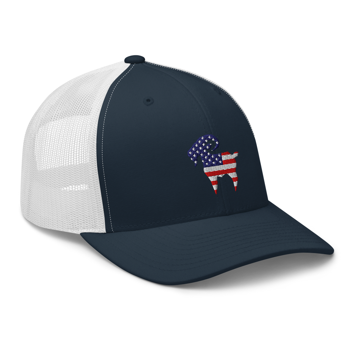 SALTYmf American GOAT Trucker in Navy/White, right front view with the American flag goat embroidered on the front