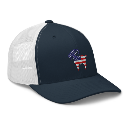 SALTYmf American GOAT Trucker in Navy/White, right front view with the American flag goat embroidered on the front