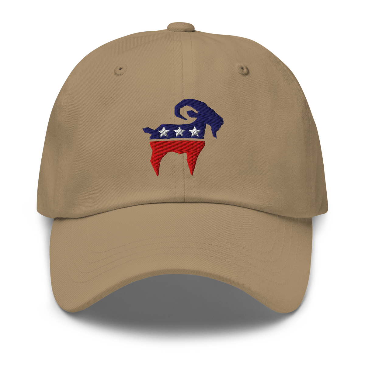 SALTYmf American Party Baseball Cap in Khaki, front view with the embroidered red, white and blue starred goat on the front