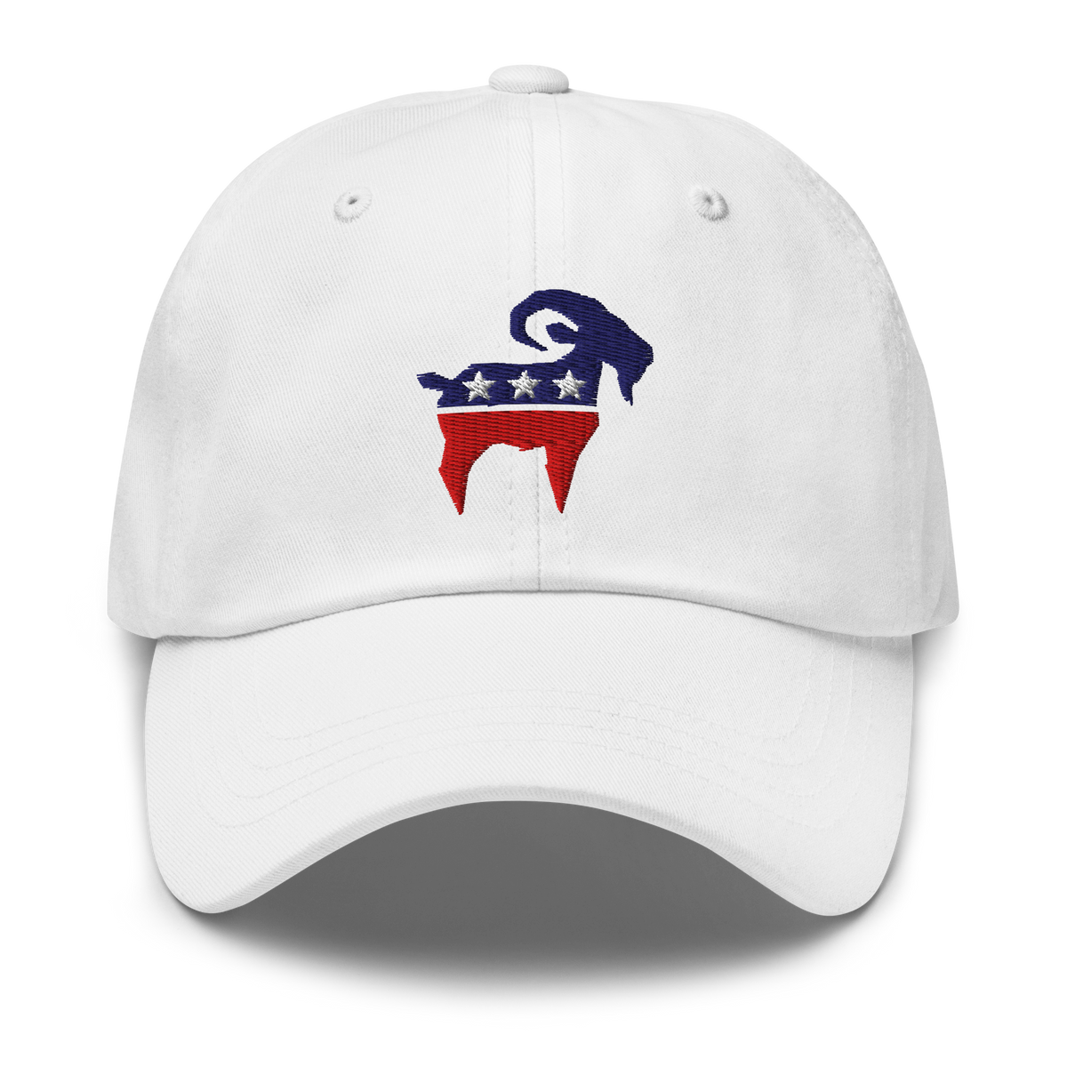 SALTYmf American Party Baseball Cap in White, front view with the embroidered red, white and blue starred goat on the front