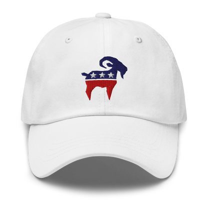 SALTYmf American Party Baseball Cap in White, front view with the embroidered red, white and blue starred goat on the front