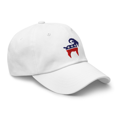 SALTYmf American Party Baseball Cap in White, right front view with the embroidered red, white and blue starred goat on the front