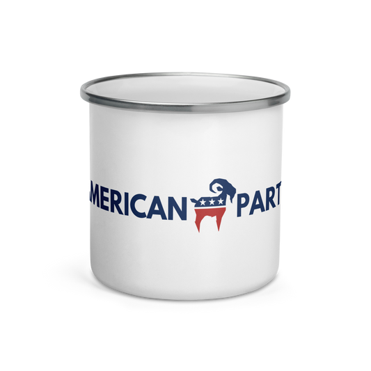 SALTYmf American Party Coffee Mug, front view with the AMERICAN PARTY flag goat wrap design