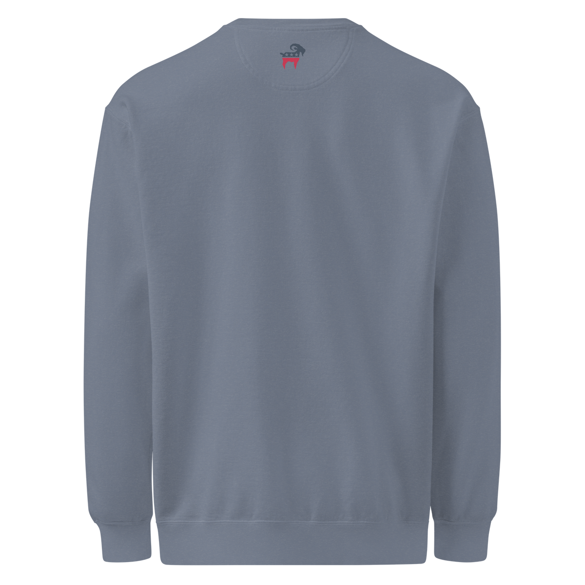 SALTYmf American Party Crewneck in Blue, back view with a small stars and stripes goat below the collar