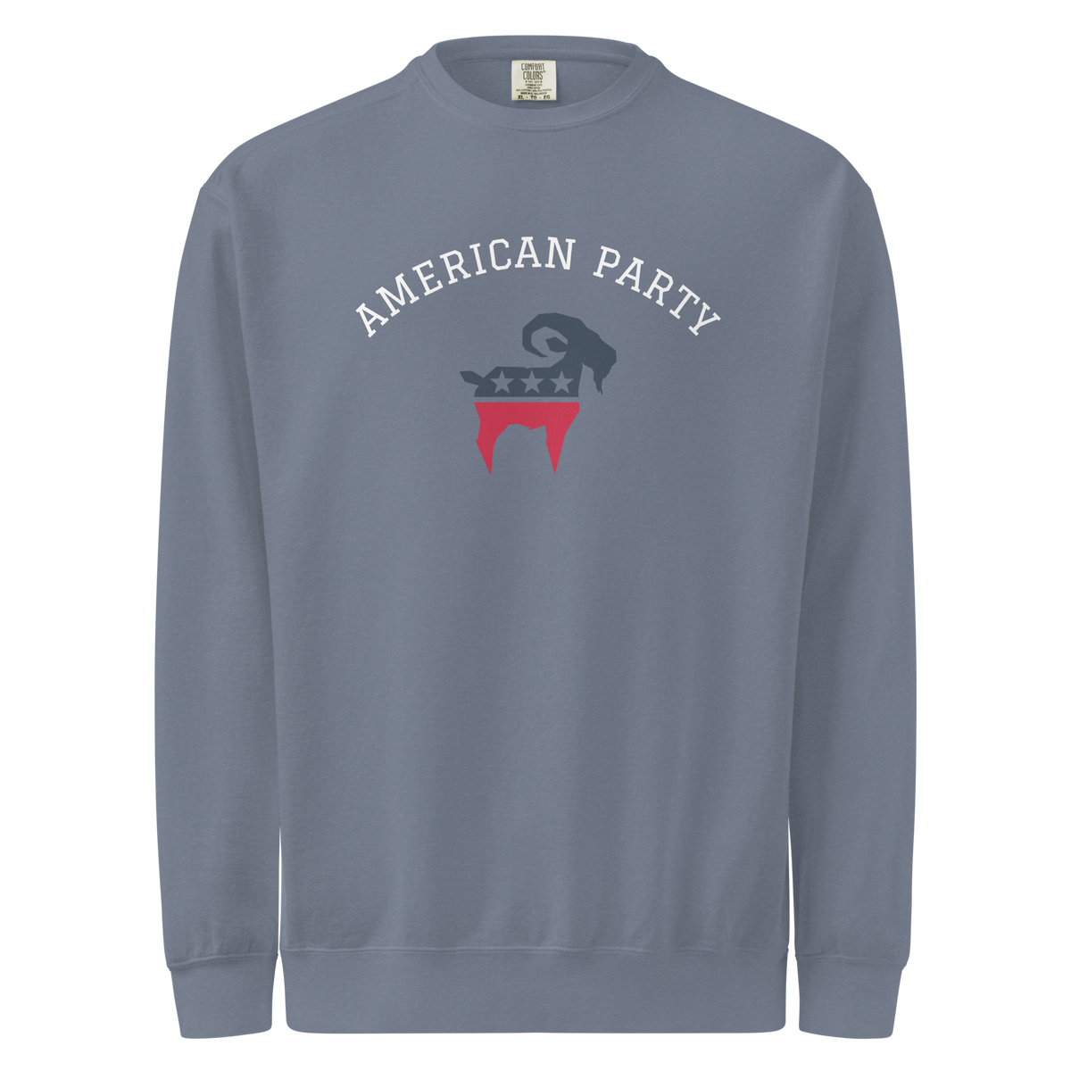 SALTYmf American Party Crewneck in Blue, front view with American Party arched over the stars and stripes goat