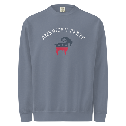 SALTYmf American Party Crewneck in Blue, front view with American Party arched over the stars and stripes goat