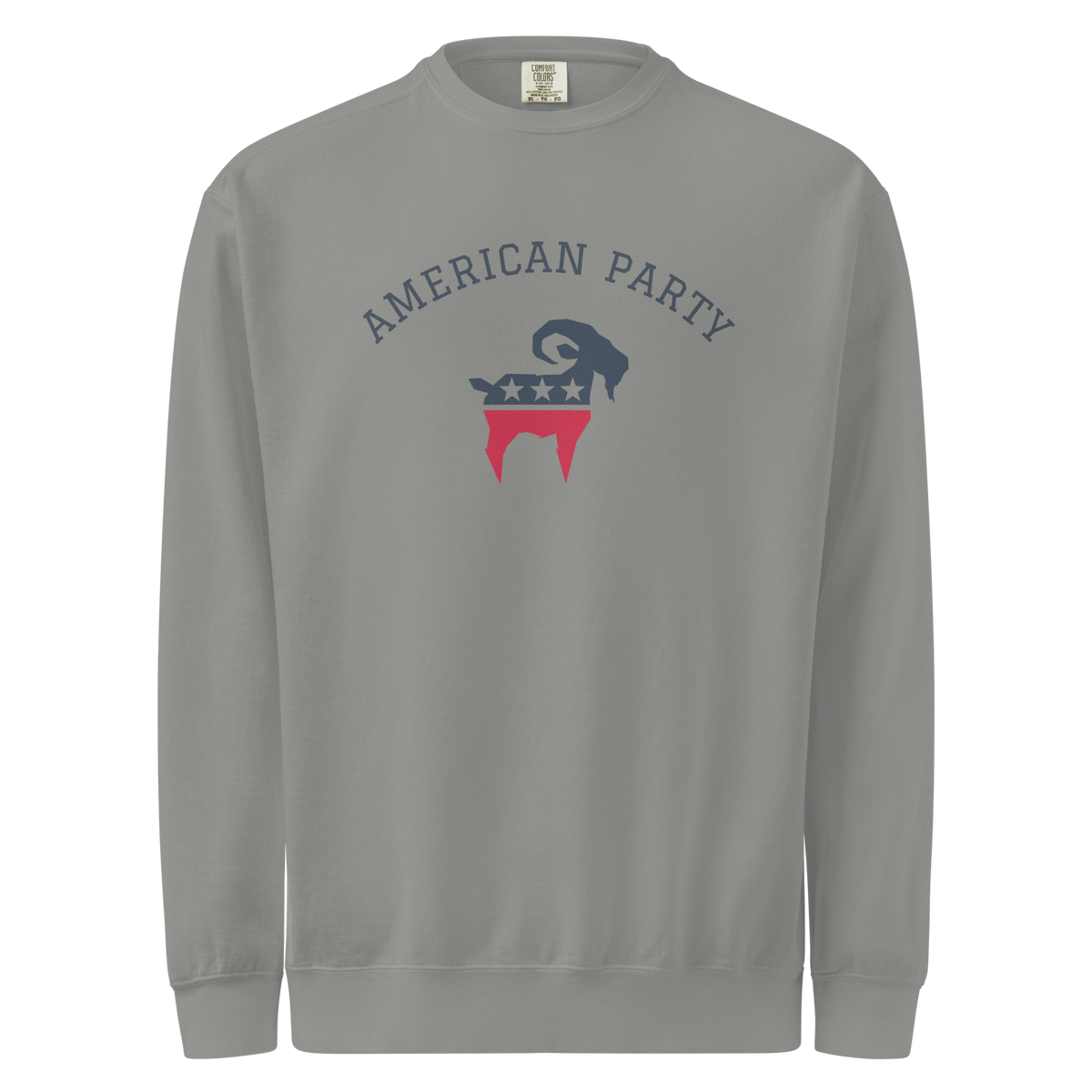 SALTYmf American Party Crewneck in Gray, front view with American Party arched over the stars and stripes goat