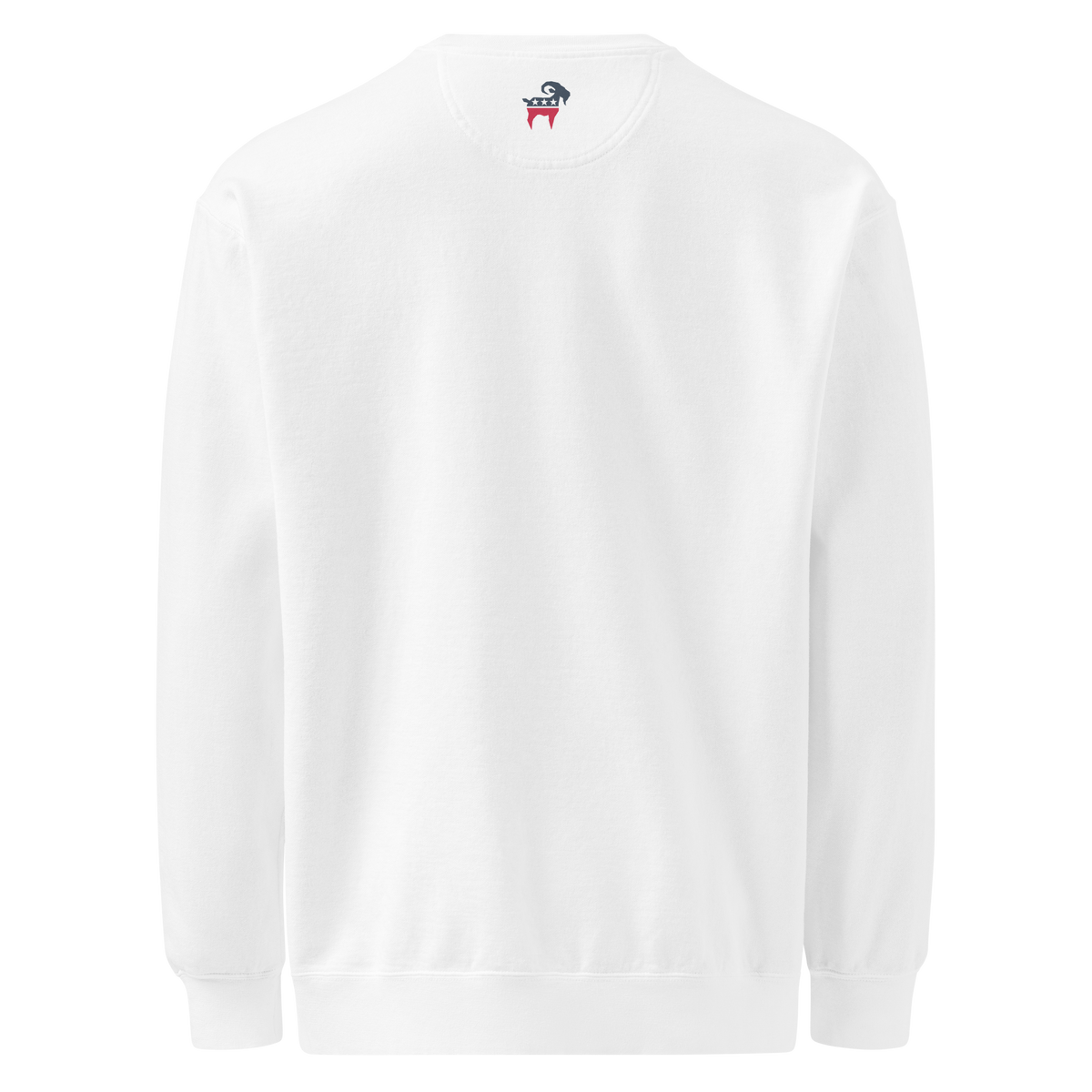 SALTYmf American Party Crewneck in White, back view with a small stars and stripes goat below the collar
