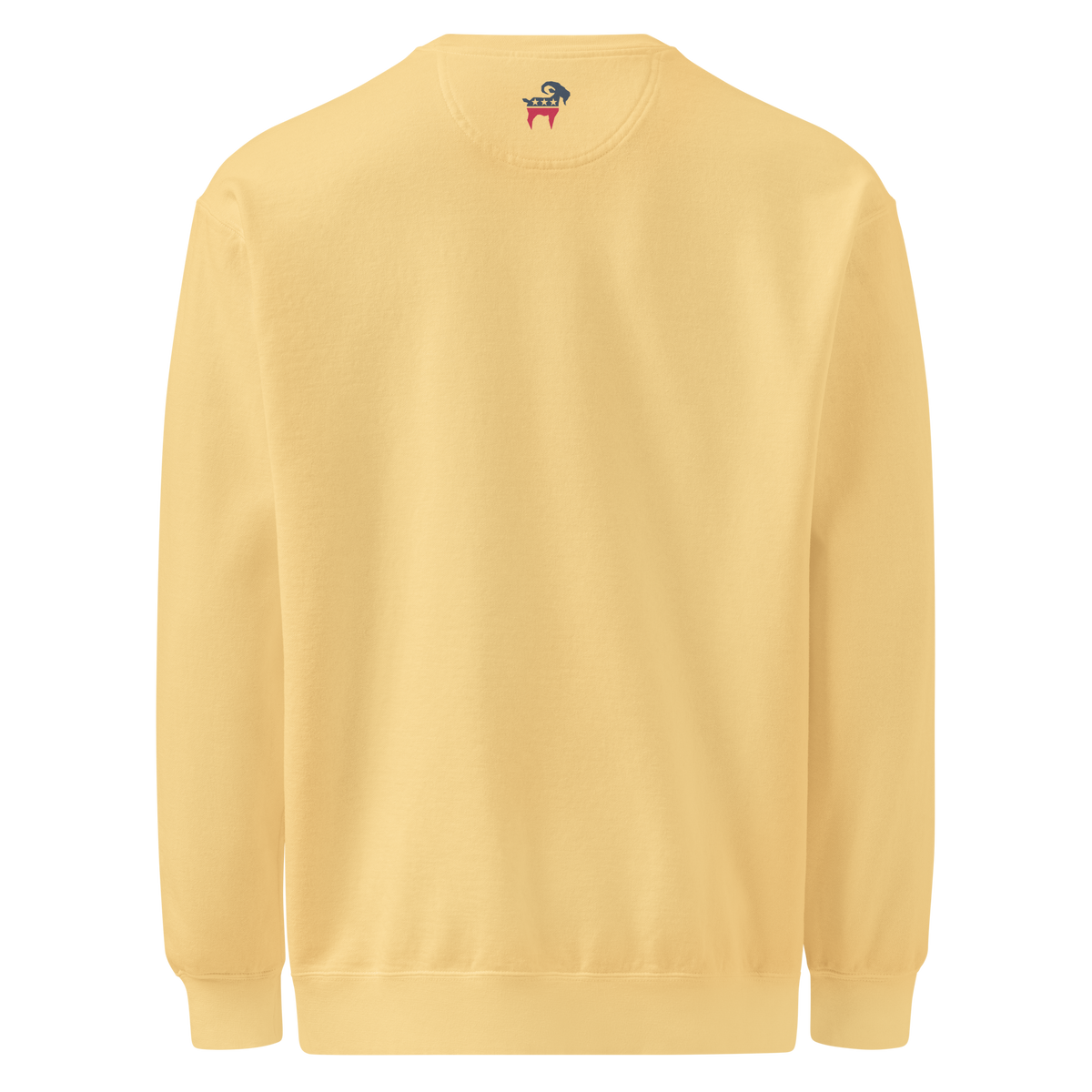 SALTYmf American Party Crewneck in Yellow, back view with a small stars and stripes goat below the collar