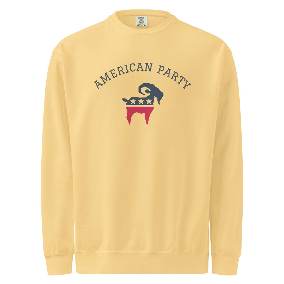 SALTYmf American Party Crewneck in Yellow, front view with American Party arched over the stars and stripes goat