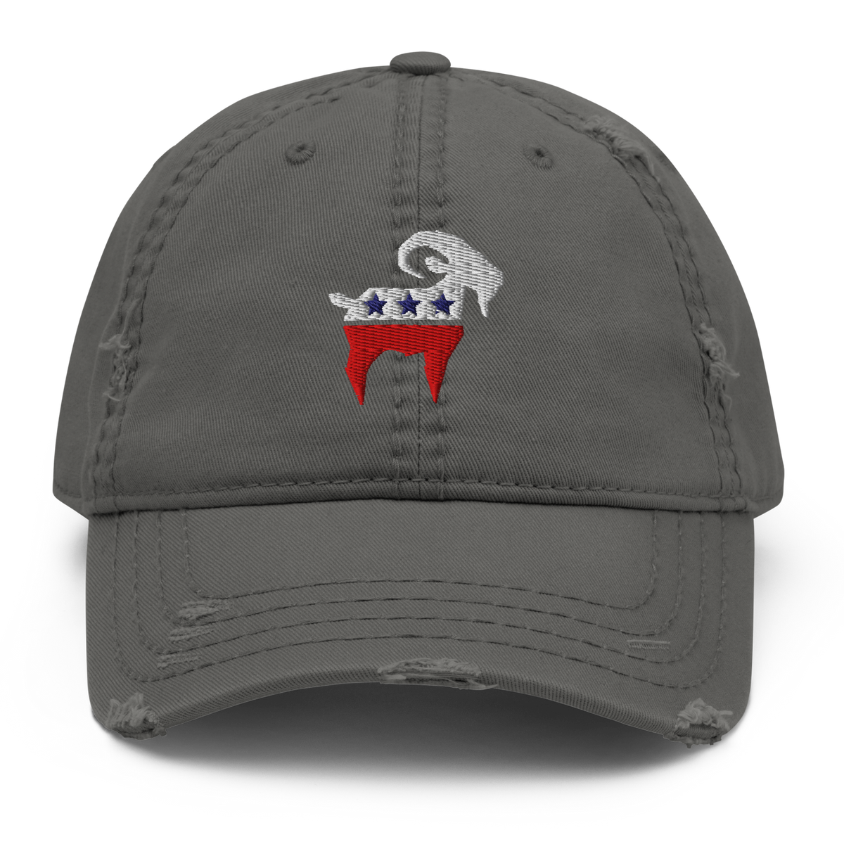 SALTYmf American Party Distressed Cap in Gray, front view with the embroidered red, white and blue stars goat on the front