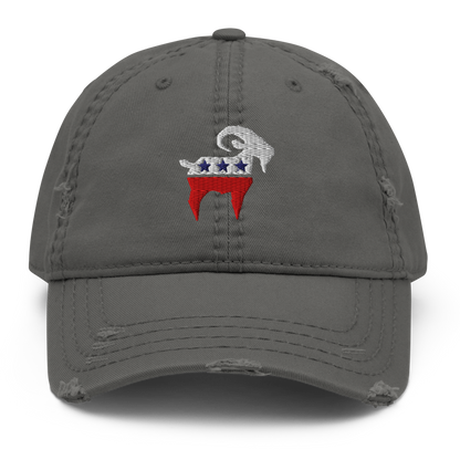 SALTYmf American Party Distressed Cap in Gray, front view with the embroidered red, white and blue stars goat on the front