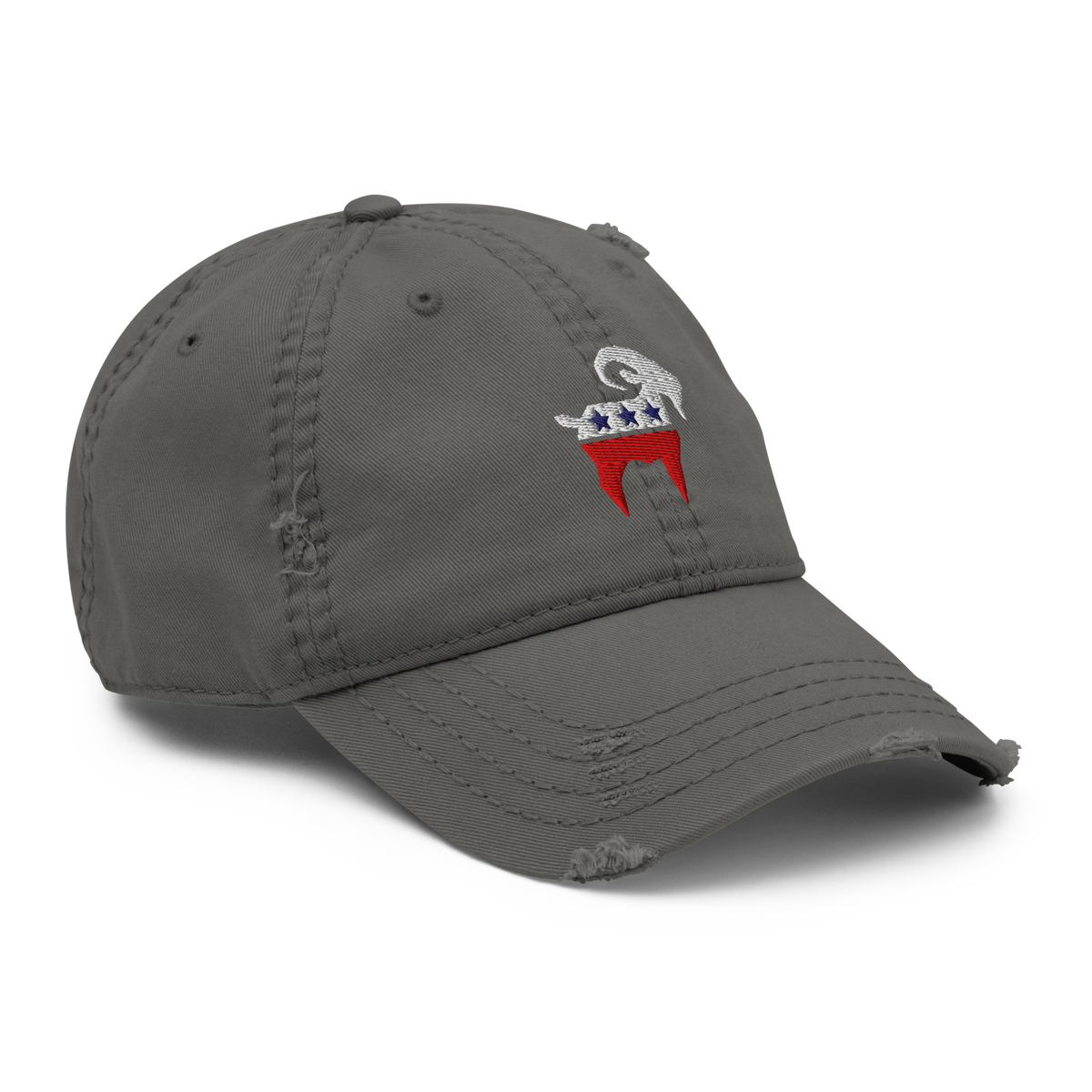 SALTYmf American Party Distressed Cap in Gray, right front view with the embroidered red, white and blue stars goat on the front