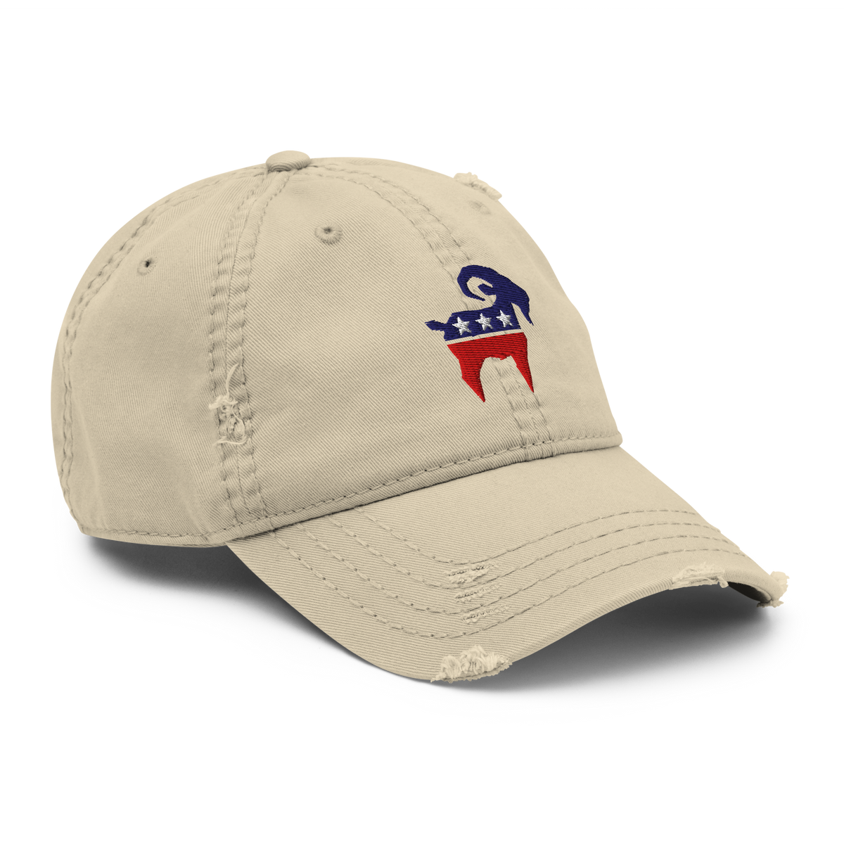 SALTYmf American Party Distressed Cap in Khaki, right front view with the embroidered red, white and blue stars goat on the front