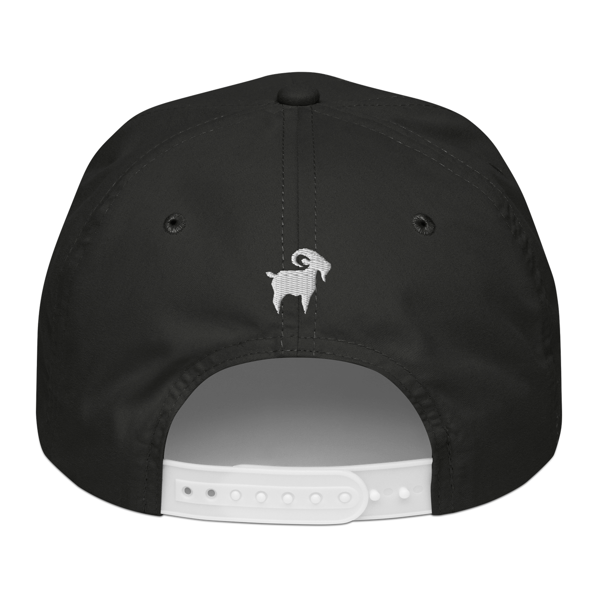 SALTYmf American Party Goat Rope Hat in Black/White Rope, back view with a small embroidered white goat on the back