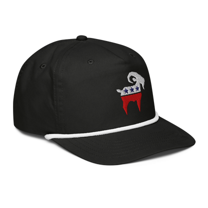 SALTYmf American Party Goat Rope Hat in Black/White Rope, right front view with the embroidered American Party goat on the front