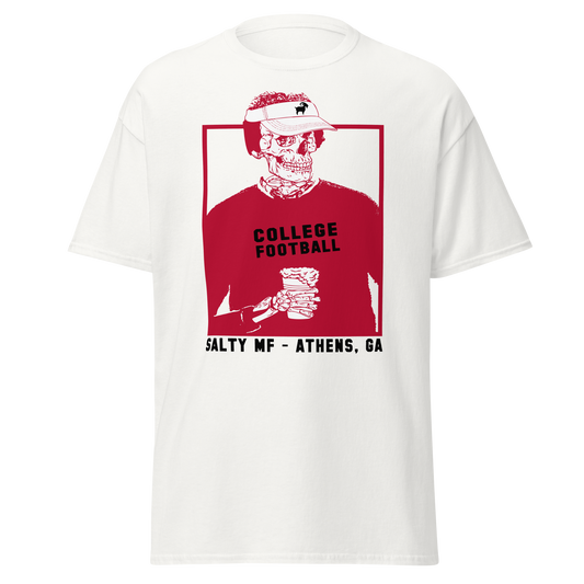SALTYmf Athens GameDaze Tee, front view with the College Football skeleton and Salty MF Athens, GA