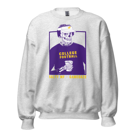 SALTYmf Bayou GameDaze Crew Neck in Ash, front view with the Salty MF GameDaze College Football skeleton graphic