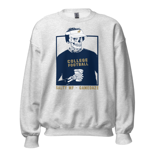 SALTYmf 'Boro GameDaze Crew Neck in Ash, front view with the navy SALTY MF GameDaze College Football skeleton graphic