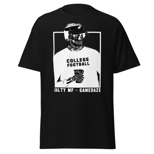 SALTYmf College GameDaze Tee in Black, front view with the College Football skeleton coach and Salty MF GameDaze art