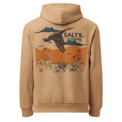 SALTYmf Duck Hunt Hoodie in Khaki, back view with the duck over the marsh graphic