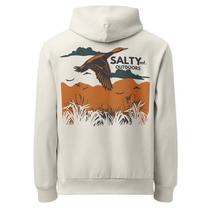 SALTYmf Duck Hunt Hoodie in Off-White, back view with the duck over the marsh graphic