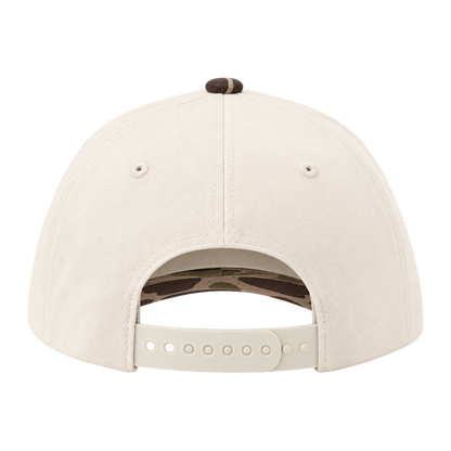 SALTYmf Duck Hunt Patch Gramps Hat in Cream/Bark Duck Camo, back view showing the snapback closure